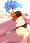  1girl abs alternate_costume anagumasan athletic bangs bare_shoulders biceps blue_eyes blue_hair breasts cleavage earrings highres jewelry jumping leona_heidern midriff multicolored multicolored_clothes muscular muscular_female navel pole pole_vault ponytail shorts solo sport sports_bikini sports_bra tank_top the_king_of_fighters triangle_earrings underwear 
