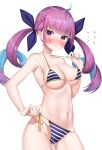  1girl :3 ahoge armpits bare_arms bare_shoulders bikini blush braid breasts collarbone cowboy_shot embarrassed hair_ribbon halterneck highres hololive k_mugura long_hair looking_at_viewer medium_breasts minato_aqua multicolored_hair navel nose_blush purple_eyes purple_hair ribbon side-tie_bikini simple_background solo stomach strap_pull streaked_hair string_bikini striped striped_bikini swimsuit twintails two-tone_hair virtual_youtuber white_background 