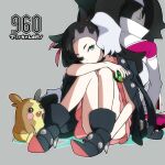  1boy 1girl ankle_boots asymmetrical_bangs back-to-back bangs black_footwear black_hair black_jacket black_nails boots brother_and_sister commentary_request cropped_jacket dress dusk_ball eyelashes gen_8_pokemon green_eyes gym_leader hair_ribbon head_down highres holding holding_poke_ball jacket jacket_on_shoulders kagio_(muinyakurumi) long_hair marnie_(pokemon) morpeko morpeko_(full) multicolored_hair nail_polish number outline piers_(pokemon) pink_dress poke_ball pokemon pokemon_(game) pokemon_swsh red_ribbon ribbon siblings sitting two-tone_hair white_hair white_jacket 