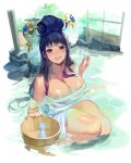  1girl bathing blue_eyes blue_hair bottle breasts bucket character_request cleavage copyright_request cup fence hair_bun hair_ornament highres korean_commentary lantern long_hair looking_at_viewer milin_(orange_maru) mole mole_under_eye naked_towel onsen rock sake_bottle smile stone stone_lantern towel translation_request tree water wooden_bucket wooden_fence 