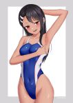  1girl absurdres arm_behind_head armpits bangs black_hair blue_swimsuit blush border brown_eyes commentary_request competition_swimsuit cowboy_shot dark_skin dark_skinned_female ear_clip earrings grey_border hair_ornament hairclip hand_up highleg highleg_swimsuit highres ijiranaide_nagatoro-san jewelry long_hair looking_at_viewer nagatoro_hayase nose_blush one-piece_swimsuit parted_bangs pointing portrait shinalpha shiny shiny_hair sidelocks simple_background smile solo swimsuit swimwear tan wet wet_clothes white_background 