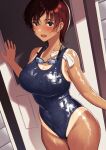  1girl :d bangs bare_arms bare_shoulders blue_swimsuit blush breasts cleavage commentary_request competition_swimsuit covered_navel cowboy_shot door ear_blush fang goggles goggles_around_neck highleg highleg_swimsuit highres kogarasumr large_breasts looking_at_viewer one-piece_swimsuit one-piece_tan open_door open_mouth original red_eyes red_hair shiny shiny_clothes shiny_skin short_hair skin_fang smile solo swimsuit tan tanline water wet wet_clothes wet_swimsuit 