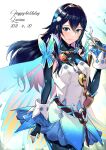  1girl alternate_costume ameno_(a_meno0) blue_eyes blue_hair bug butterfly elbow_gloves fingerless_gloves fire_emblem fire_emblem_awakening fire_emblem_heroes flower gloves hair_flower hair_ornament happy_birthday highres insect long_hair lucina_(fire_emblem) smile solo symbol-shaped_pupils tiara wings 