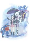  1boy 1girl ankle_boots asymmetrical_bangs bangs belt black_footwear black_hair black_jacket boots brother_and_sister commentary_request cropped_jacket dress gen_4_pokemon gen_6_pokemon green_eyes gym_leader hair_ribbon highres holding holding_umbrella jacket kagio_(muinyakurumi) long_hair malamar marnie_(pokemon) multicolored_hair open_clothes open_jacket outstretched_arm piers_(pokemon) pink_dress pokemon pokemon_(creature) pokemon_(game) pokemon_swsh rain red_ribbon ribbon siblings standing toxicroak two-tone_hair umbrella white_hair white_jacket 