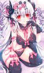  1girl black_bra black_gloves black_legwear black_panties bra breasts detached_collar dragon_girl dragon_horns fate/grand_order fate_(series) gloves grey_hair highres horns kiyohime_(fate) long_hair medium_breasts morizono_shiki multiple_horns panties red_eyes sitting solo thighhighs underwear underwear_only 