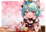  1girl ahoge animal_ear_fluff animal_ears bangs bare_shoulders bird blue_hair blush cat_ears chick choker cup dango dress ear_piercing eyebrows_visible_through_hair fang food frilled_choker frilled_dress frills gradient_hair green_hair green_tea hair_ornament hair_ribbon head_on_hand heart heart-shaped_pupils hololive hololive_fantasy khezu_whelp low_twintails medium_hair monster_hunter_(series) multicolored_hair open_mouth petals piercing piyoko_(uruha_rushia) piyoyanagi pom_pom_(clothes) red_eyes ribbon signature skull_hair_ornament smile symbol-shaped_pupils table tea twintails uruha_rushia virtual_youtuber wagashi yunomi 