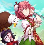  2girls animal animal_on_head artist_name bandaged_arm bandages bangs bird black_hair blush_stickers broken broken_chain bun_cover chain chinese_clothes closed_eyes cuffs day double_bun eagle eyebrows_visible_through_hair flower furrowed_eyebrows gradient_sky hand_up hat hat_ornament highres ibaraki_kasen jiangshi looking_at_another medium_hair miyako_yoshika mountain mountainous_horizon multiple_girls ofuda on_head outdoors outstretched_arms pale_skin pink_hair raised_eyebrow red_eyes rose shackles sky sleep_(isliping) sleepy star_(symbol) star_hat_ornament tabard touhou zombie_pose 