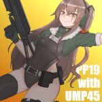  1girl absurdres alternate_costume blush breasts brown_hair cosplay girls_frontline gun highleg highleg_leotard highres leotard long_hair medium_breasts pp-19_(girls_frontline) pp-19_(girls_frontline)_(cosplay) pp-19_bizon rx78kuroko1 scar scar_across_eye side_ponytail smile solo submachine_gun thighhighs ump45_(girls_frontline) very_long_hair weapon yellow_eyes 