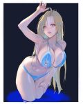  1girl ahoge bikini blonde_hair blue_bikini blue_swimsuit character_request copyright_request gem hand_on_thigh hand_up jewelry korean_commentary long_hair looking_at_viewer milin_(orange_maru) necklace simple_background swimsuit thigh_gap translation_request yellow_eyes 