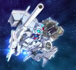  blue_eyes chibi clenched_hands dendrobium_schema flying glowing glowing_eyes gundam gundam_0083 gundam_gp-03_stamen looking_to_the_side mecha mobile_armor mobile_suit no_humans science_fiction solo space susagane textless v-fin 
