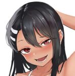  arm_behind_head bangs black_hair blush brown_eyes commentary_request dark_skin earrings hair_ornament hairclip hand_up ijiranaide_nagatoro-san jewelry long_hair looking_at_viewer lowres nagatoro_hayase parted_bangs portrait shinalpha shiny shiny_hair sidelocks smile smug tan teeth 