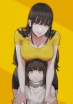  2girls age_difference artist_name bangs breast_rest breasts brown_hair choker cleavage collarbone commentary_request earrings eyebrows highres jewelry jun_(seojh1029) large_breasts long_hair looking_at_viewer looking_up multiple_girls orange_eyes original pencil_skirt shirt short_hair siblings sisters skirt smile sweater yellow_background yellow_shirt 