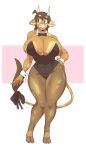  2021 absurd_res anthro areola areola_slip big_breasts bovid bovine bow_tie breast_squish breasts brown_body brown_eyes brown_fur brown_hair cattle clothed clothing collar curvy_figure eyelashes female fur hair hand_on_hip hi_res hooves horn huge_breasts leggings legwear leotard looking_aside mammal molly_(slightlysimian) open_mouth open_smile pinup pose ribbons simple_background skimpy slightlysimian smile solo spots spotted_body spotted_fur squish standing tail_bow tail_ribbon tail_tuft teeth thick_thighs tuft voluptuous wardrobe_malfunction white_background wide_hips wrist_cuff 
