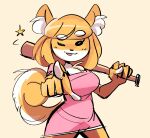  absurd_res anthro bangs baseball_bat bat_(object) blonde_hair butterscotch_(peargor) canid canine canis cel_shading chest_tuft clothing curled_tail domestic_dog dot_eyes eyebrow_through_hair eyebrows eyelashes facing_viewer female fluffy fluffy_hair fluffy_tail fur gesture hair half-length_portrait hi_res holding_object holding_weapon looking_at_viewer mammal multicolored_body multicolored_fur one_eye_closed open_mouth peargor pink_clothing pink_topwear pointing pointing_at_viewer portrait shaded shiba_inu short_hair simple_background solo spitz star tan_background topwear translucent translucent_hair tuft two_tone_body two_tone_fur weapon weapon_on_shoulder white_body white_eyebrows white_fur wink winking_at_viewer yellow_body yellow_fur 