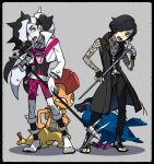  2boys bangs belt bike_shorts black_belt black_gloves black_hair black_pants character_request coat commentary_request cropped_jacket devil_may_cry_5 eyeshadow fingerless_gloves gen_5_pokemon gloves green_eyes griffon_(devil_may_cry_5) gym_leader highres holding holding_microphone jacket kagio_(muinyakurumi) long_hair makeup male_focus microphone microphone_stand multicolored_hair multiple_boys number open_clothes open_coat pants piers_(pokemon) pokemon pokemon_(creature) pokemon_(game) pokemon_swsh sandals scrafty shirt singer standing toes two-tone_hair v_(devil_may_cry) white_hair white_jacket 