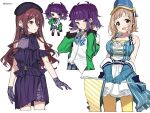  3girls bangs bare_shoulders black_choker breasts brown_hair chibi choker cleavage dress earrings eyebrows_visible_through_hair flag gloves green_jacket hair_between_eyes hat highres idolmaster idolmaster_shiny_colors jacket jewelry large_breasts light_brown_hair long_hair microphone multiple_girls oosaki_tenka open_mouth purple_eyes purple_hair sakuragi_mano shisoneri short_hair short_twintails simple_background single_thighhigh spiked_choker spikes studded_choker tanaka_mamimi thigh_strap thighhighs twintails yellow_eyes yellow_legwear 