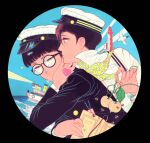  2boys bee black_hair black_jacket blue_sky boat bug circle denjinq glasses hat highres insect jacket leaf long_sleeves looking_at_viewer multiple_boys original outdoors profile shirt short_hair sky water watercraft white_headwear white_shirt 