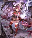  1girl armor bangs black_gloves breasts claws crown gloves hip_armor holding holding_weapon horns kouyafu lightning long_hair looking_at_viewer medium_breasts purple_hair red_eyes red_legwear shadowverse shoulder_armor single_knee_pad solo thighhighs weapon wings 