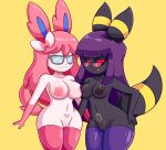  &lt;3 2021 absurd_res anthro areola big_breasts black_areola blue_sclera breast_squish breasts breasts_frottage butt clothing dark_areola dark_nipples digital_media_(artwork) duo eeveelution eyewear female female/female genitals glasses hair hand_on_leg hand_on_thigh hi_res javisylveon_(mintyspirit) legwear luneiumbreon_(mintyspirit) mammal mintyspirit mostly_nude nintendo nipples open_mouth pink_areola pink_hair pink_nipples pok&eacute;mon pok&eacute;mon_(species) purple_hair pussy red_sclera ring simple_background squish stockings sylveon thick_thighs umbreon video_games wide_hips 