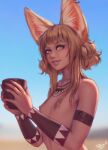  1girl animal_ears arm_strap blurry blurry_background brown_eyes brown_hair cup day flat_chest fox_ears holding holding_cup jewelry khiara_(personal_ami) lips necklace nipples nude original outdoors personal_ami short_hair_with_long_locks side_braids signature solo standing tooth_necklace tribal upper_body vambraces 