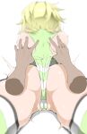  1boy 1girl akatsuki_kirika ass blurry cameltoe depth_of_field disembodied_limb from_behind highres leotard leotard_pull looking_at_viewer lying ohako on_stomach partially_visible_vulva pulled_by_another senki_zesshou_symphogear shiny shiny_clothes shiny_hair shiny_skin short_hair shoulder_blades simple_background skin_tight skindentation solo_focus striped striped_legwear thighhighs white_background 