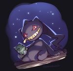  arm_support banette commentary_request doll gen_3_pokemon head_tilt looking_at_viewer momoji_(lobolobo2010) no_humans pokemon pokemon_(creature) red_eyes sitting substitute_(pokemon) teeth zipper_pull_tab 