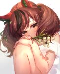  1girl animal_ears bangs bare_shoulders blush brown_eyes brown_hair closed_mouth commentary_request dress ear_covers eyebrows_visible_through_hair flower holding holding_flower horse_ears horse_girl knees_up leg_hug long_hair looking_at_viewer multicolored_hair nice_nature_(umamusume) ouri_(aya_pine) sitting smile solo streaked_hair twintails umamusume white_dress 