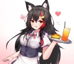  1girl :d animal_ear_fluff animal_ears black_hair breasts carrying cheesecake fang food highlights highres hololive large_breasts long_hair looking_at_viewer mapleknight multicolored_hair ookami_mio open_mouth orange_juice plate puffy_short_sleeves puffy_sleeves red_hair short_sleeves smile tray two-tone_hair virtual_youtuber waitress wolf_ears yellow_eyes 