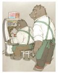  2021 anthro apron blush bottomwear brown_body brown_fur clothing duo fur gaming kemono male mammal overweight overweight_male pants playing_videogame shirt sitting suid suina sus_(pig) takakei1 topwear ursid wild_boar 