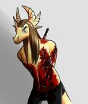  anthro bjorn_(makaronnie) black_clothing blood bodily_fluids boxers_(clothing) brown_hair clothing dragon eyebrows gore hair hands_behind_back hi_res horn knife long_hair makaronnie male norwegian_forktail reptile scalie shaded shirtless solo stab tears underwear wounded yellow_body 