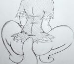  anthro big_butt bottomwear butt clothing crouching damian_(zoophobia) hiddenears_(artist) male monochrome rear_view skirt solo wide_hips zoophobia 