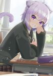  1girl absurdres ahoge animal_ears bangs black_jacket cat_ears cat_girl cat_tail chair commentary_request desk eraser eyebrows_visible_through_hair grin highres hololive jacket long_sleeves looking_at_viewer nekomata_okayu pen purple_eyes purple_hair school_chair school_desk school_uniform sitting skirt smile solo tail tatedano_kabae teeth uniform virtual_youtuber window 