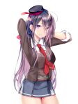  1girl ariake_(kancolle) arms_up black_headwear brown_shirt closed_mouth collared_shirt cowboy_shot eyebrows_visible_through_hair grey_skirt hand_in_hair hat kantai_collection long_hair long_sleeves looking_at_viewer miniskirt necktie pleated_skirt purple_eyes purple_hair red_neckwear rei_(rei&#039;s_room) shirt simple_background skirt smile solo white_background 