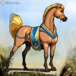  2021 conditional_dnp digital_drawing_(artwork) digital_media_(artwork) equid equine eyebrows feral hi_res hooves horse looking_at_viewer mammal mercurial64 outside shadow side_view smile solo text 