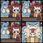  absurd_res advertisement ara_ara bar blue_body blue_skin blush bone breasts brown_body brown_fur brown_skin comic cubone darknetic duo eeveelution english_text female feral flirting fur furniture glass happy hi_res lopunny male male/female mature_female nidoqueen nintendo osseum_(trichotic) pok&eacute;mon pok&eacute;mon_(species) poster shocked skull table text vaporeon video_games yellow_body yellow_fur yellow_skin 