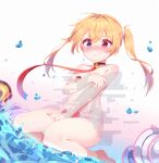  1girl artist_name bandaid bandaids_on_nipples bangs bare_shoulders barefoot bell between_legs blonde_hair blue_eyes blush choker closed_mouth covering covering_breasts covering_crotch daten_tsubasa digital_dissolve dissolving_clothes embarrassed eyebrows_visible_through_hair glitch hair_between_eyes hair_tie hand_between_legs heterochromia highres holding_own_arm indie_virtual_youtuber kneeling long_hair long_sleeves looking_at_viewer neck_bell panties pasties red_eyes roin simple_background tearing_up thighs twintails underwear virtual_youtuber white_panties x-ray 