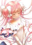  1girl asukaru_(magika_ru) closed_eyes dress frilled_dress frills hair_ribbon highres kaname_madoka long_hair magical_girl mahou_shoujo_madoka_magica pink_hair ribbon simple_background smile solo two_side_up ultimate_madoka white_dress 