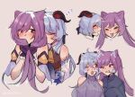  &gt;_&lt; 2girls bare_shoulders bell black_shirt blue_hair blue_sleeves commentary cowbell detached_sleeves english_commentary ganyu_(genshin_impact) genshin_impact highres homuchisas horns keqing_(genshin_impact) long_hair long_sleeves medium_hair multiple_girls one_eye_closed purple_eyes purple_hair purple_sweater red_horns shirt simple_background sweater tongue tongue_out yuri zzz 