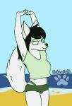  anthro big_breasts bottomwear breasts butt canid canine canis clothed clothing digital_media_(artwork) domestic_dog female hi_res homestuck hotpants jade_harley mammal midriff ms_paint_adventures nokamiwd panties shirt shorts simple_background solo standing stretching thick_thighs topwear underwear webcomic 