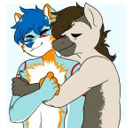  anthro arctic_wolf arm_around_partner blue_hair bowbowbowie canid canine canis duo equid equine eyes_closed falcon_woodwere hair hi_res horse hug male male/male mammal nude smile warm wolf 