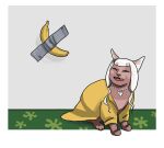  2020 angie_yonaga banana barefoot blue_eyes border brown_body brown_fur brown_nose ceipr clothed clothing coat cosplay crossover cute_fangs danganronpa danganronpa_v3 domestic_cat duct_tape duct_tape_banana fangs feet felid feline felis female feral food fruit fur grey_background hair jewelry long_hair looking_at_viewer mammal meme multicolored_body multicolored_fur narrowed_eyes necklace open_mouth plant sharp_teeth shell shell_necklace simple_background sitting small_fangs solo squint tape teeth tongue topwear two_tone_body two_tone_fur white_border white_hair 