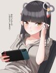  1girl bangs black_hair blunt_bangs blush controller eyebrows_visible_through_hair fewer_digits game_console game_controller hair_ornament handheld_game_console highres holding holding_handheld_game_console joy-con long_hair looking_at_viewer menbou_(menbow3v) minoto monster_hunter_(series) monster_hunter_rise nintendo nintendo_switch playing_games pointy_ears solo sweater yellow_eyes 
