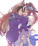  2girls amulet animal_ears bangs blue_dress blush brown_hair carrying closed_eyes commentary_request dress earrings glint heads_together highres horse_ears horse_girl horse_tail jewelry k11iii long_hair long_sleeves multicolored_hair multiple_girls open_mouth ponytail princess_carry purple_dress single_earring sleeveless sleeveless_dress smile symboli_rudolf_(umamusume) tail teeth tokai_teio_(umamusume) umamusume white_background 