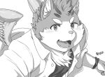  anthro blush clothed clothing cute_fangs domestic_cat felid feline felis fur hijirinoyuta looking_at_viewer male mammal monochrome open_clothing open_mouth open_smile open_topwear simple_background sitri smile solo tokyo_afterschool_summoners topwear video_games white_background wings wristband 