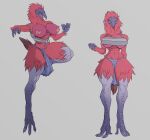  2019 4_toes abs anthro audunor avian big_breasts biped bird bottomwear breasts casual_exposure clothing digital_media_(artwork) feathers feet female grey_background grey_body grey_scales loincloth nipples open_mouth red_body red_feathers scales simple_background toes under_boob wide_hips wingless_avian 