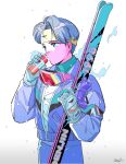  1boy absurdres can coat denjinq gloves goggles goggles_around_neck grey_gloves grey_hair hands_up highres holding holding_can original pants purple_coat purple_pants short_hair signature skis solo white_background 