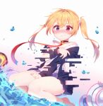  1girl artist_name bangs bare_shoulders barefoot bell between_legs blonde_hair blue_eyes blush choker closed_mouth covering covering_breasts covering_crotch daten_tsubasa digital_dissolve dissolving_clothes dolphin_shorts embarrassed eyebrows_visible_through_hair glitch hair_between_eyes hair_tie hand_between_legs heterochromia highres holding_own_arm indie_virtual_youtuber kneeling long_hair long_sleeves looking_at_viewer neck_bell red_eyes roin shirt shorts simple_background tearing_up thighs twintails virtual_youtuber white_shirt 