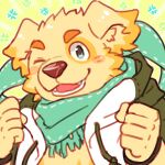  anthro bird_dog blush canid canine canis clothing cu_sith_(tas) domestic_dog fur golden_retriever green_clothing green_eyes hiryuuuuuuuuu hunting_dog jacket male mammal one_eye_closed retriever scarf solo tokyo_afterschool_summoners topwear video_games wink yellow_body yellow_fur 