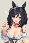  1girl :d animal_ears armpit_crease bangs bare_shoulders black_hair blue_eyes blush breasts choker cleavage collarbone detached_sleeves eishin_flash_(umamusume) eyebrows_visible_through_hair fork grey_background hair_between_eyes hair_ornament hair_ribbon hand_up heart highres holding holding_fork large_breasts looking_at_viewer open_mouth ribbon shirt short_hair sidelocks sigm@ simple_background sleeveless sleeveless_shirt smile solo umamusume upper_body white_shirt 