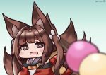  +_+ 1girl amagi-chan_(azur_lane) azur_lane bangs blunt_bangs blurry brown_hair chibi commentary_request dango depth_of_field detached_sleeves drooling eyebrows_visible_through_hair eyes_visible_through_hair eyeshadow food fox_girl gradient gradient_background green_background kyuubi long_hair looking_at_viewer makeup manjuu_(azur_lane) multiple_tails open_mouth petals purple_eyes senhayama_(racoon) sidelocks simple_background solo symbol-shaped_pupils tail thick_eyebrows twintails twitter_username wagashi wide_sleeves 